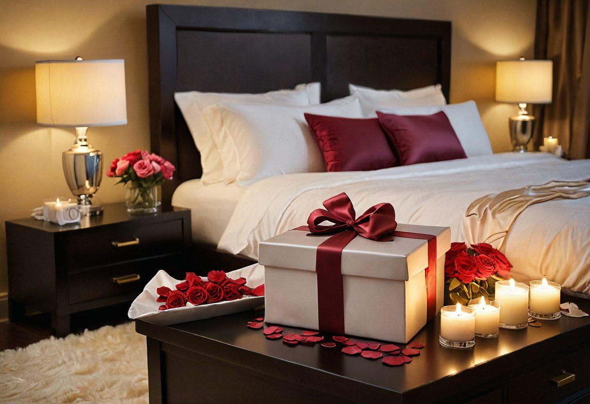 A cozy, elegantly arranged bedroom featuring soft lighting and plush fabrics. A beautifully wrapped gift box with a satin ribbon sits on a nightstand surrounded by subtle hints of romance, like rose petals and scented candles. A pair of satin eye masks and a playful whip subtly complement the scene, hinting at bold adult gifts. The atmosphere should be intimate and inviting, perfect for elevating personal moments. warm tones, soft focus, elegant style.