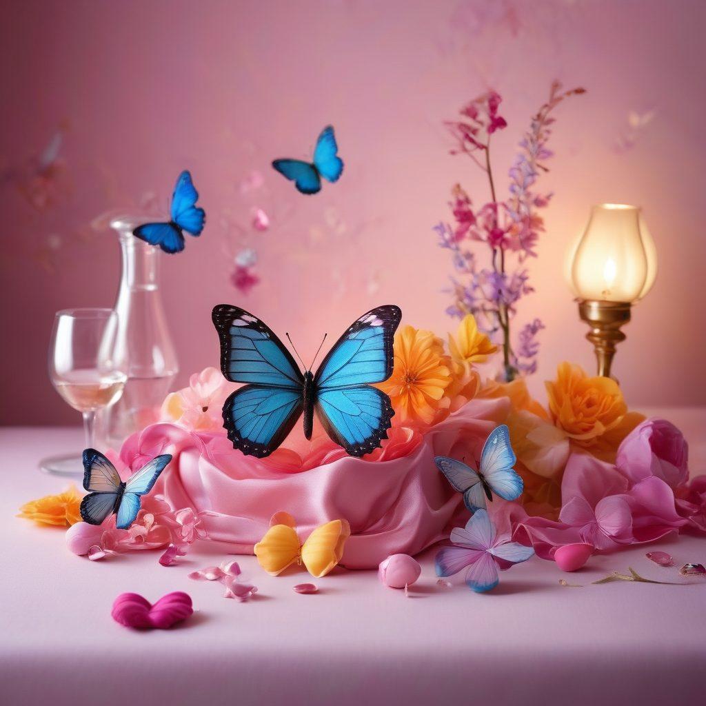 An enchanting, colorful display of various whimsical and provocative adult toys arranged artfully on a silky background. Include playful elements like butterflies and hearts to symbolize pleasure, with soft lighting enhancing the mood. Make the toys look inviting and imaginative, reflecting joy and curiosity. The overall vibe should be both whimsical and tasteful. vibrant colors. soft focus. elegant composition.